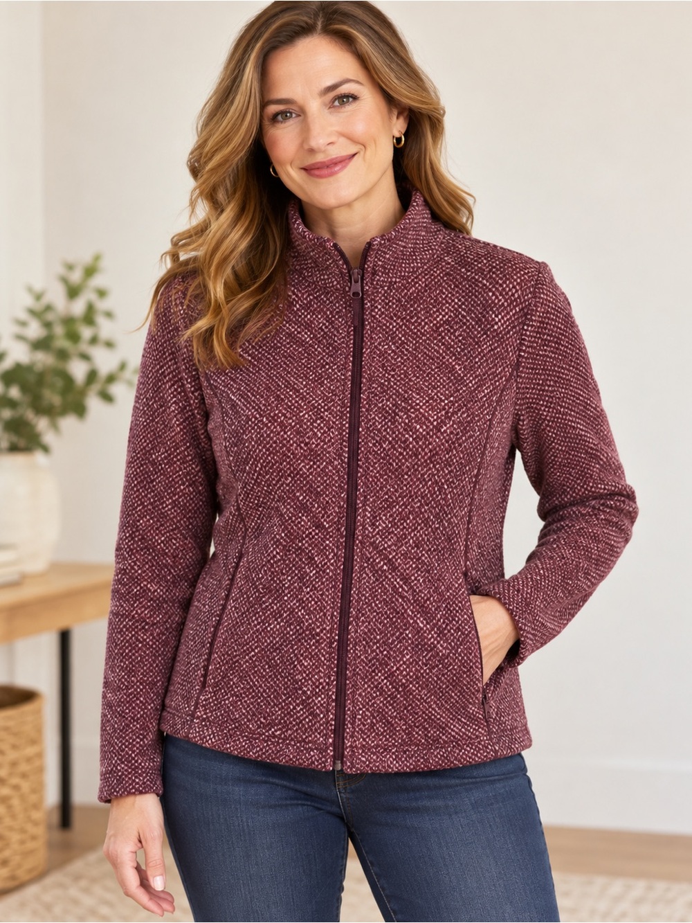 Talbots Plum Zip-Front Bouclé Utility Jacket